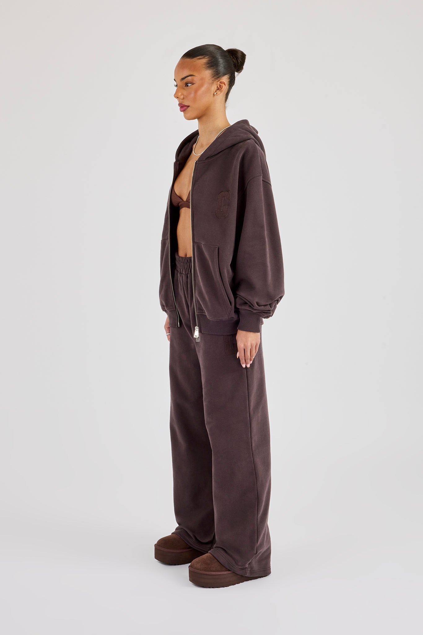 C Embroidered Zip Through Hoodie & Wide Leg Jogger - Coffee